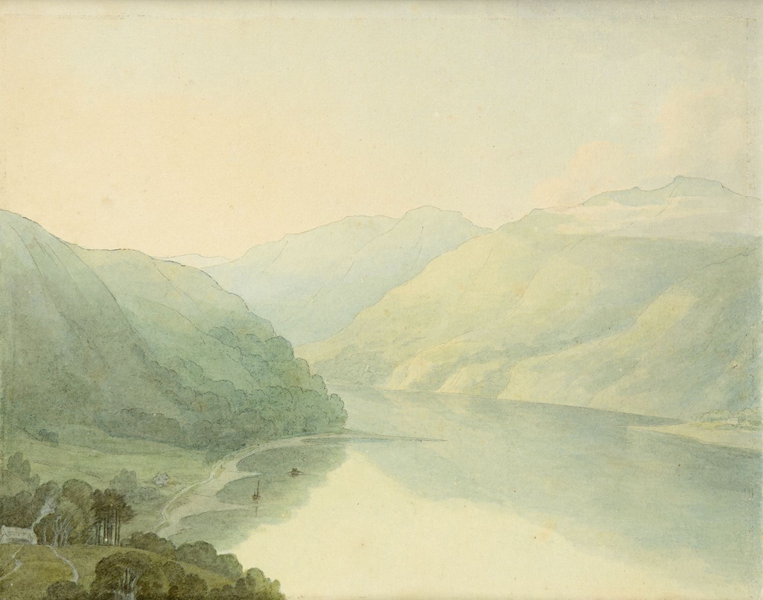 John White Abbott, British, 1764–1851: Loch Long from Hills near Arrochar, Scotland at 5 in the Morning, 1791. Watercolor with pen and gray ink, over graphite, on cream wove paper. Museum purchase, Surdna Fund (2017-216)